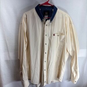 PBR Rodeo Bull Riding Graphic Long Sleeve Button‎ Up Shirt Men Cream Blue Collar
